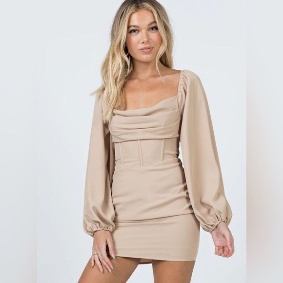 Princess Polly Lillie Tan Balloon Long Sleeve Corset Cowl Neck Mini Dress Size 2 - Picture 4 of 12